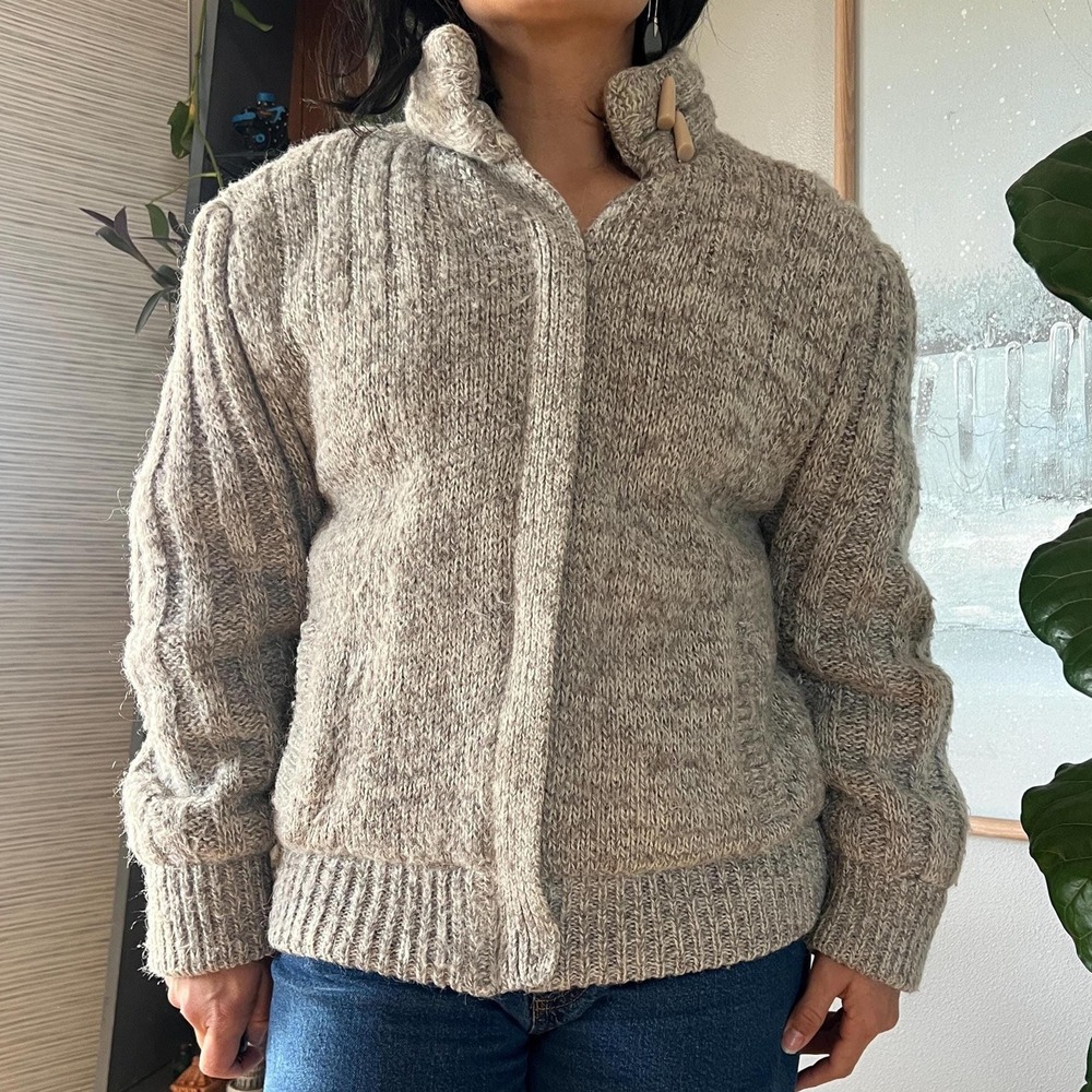 Vintage Chunky Knit Sweater Gray Toggle Neck Pullover‎ Cozy 80s Textured